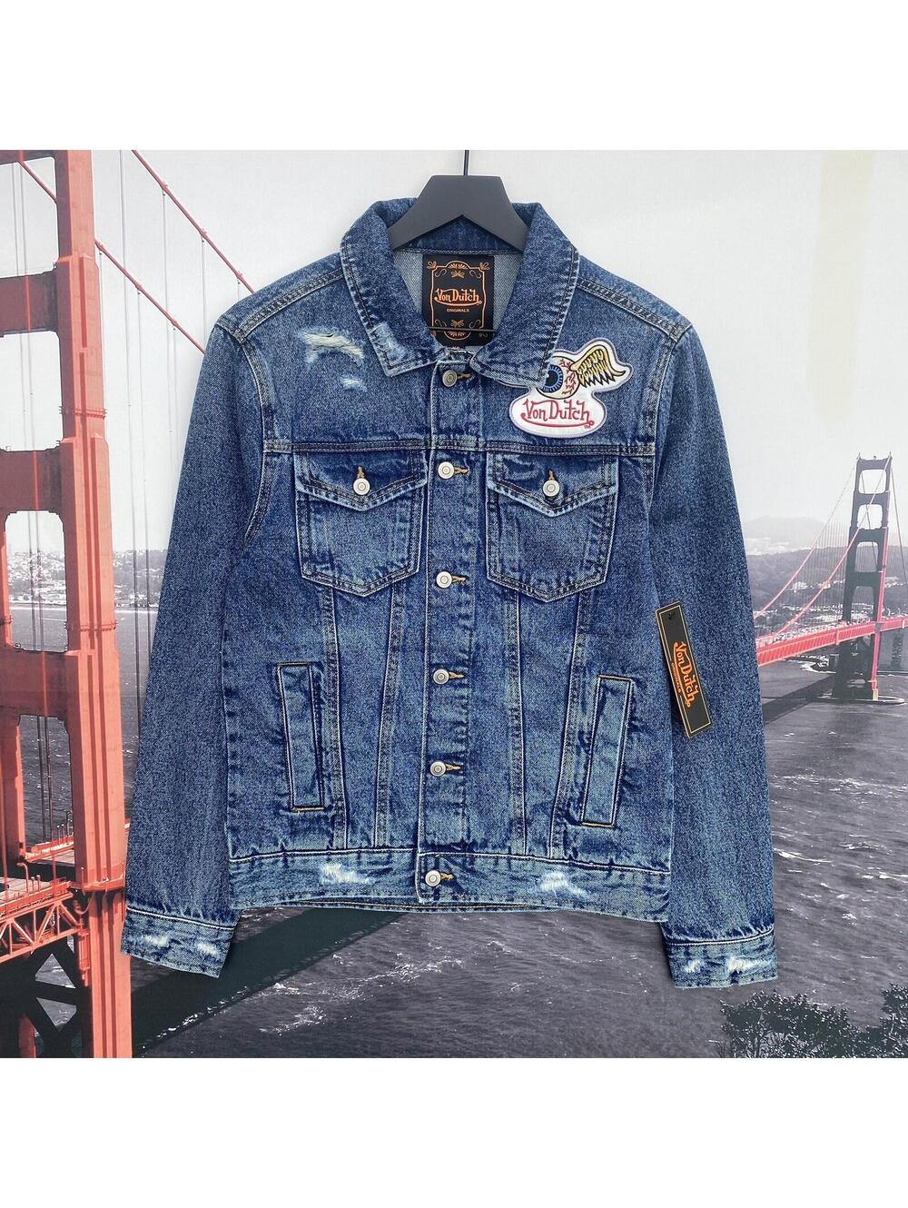 Von Dutch Size XS Originals Blue Distressed Denim Jacket Eye Wings Patch Y2K NWT